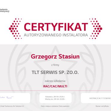 Certyfikat LG Autoryzowany instalator - TLT Serwis