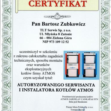 Certyfikat Autoryzacja kotły Atmos