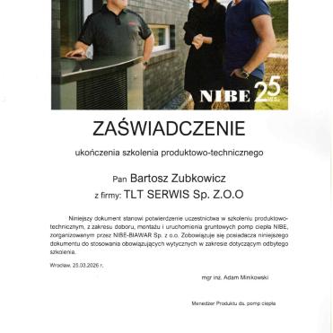 Certyfikat NIBE – Bartosz Żubkowicz TLT Serwis autoryzowany instalator