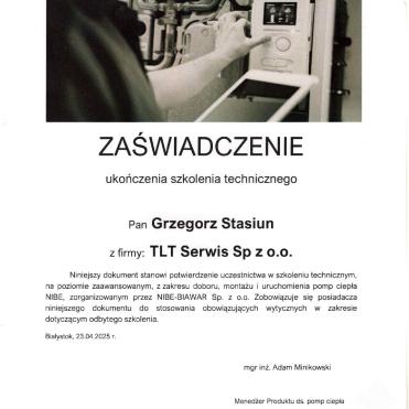 Certyfikat NIBE – Grzegorz Stasium TLT Serwis autoryzowany instalator