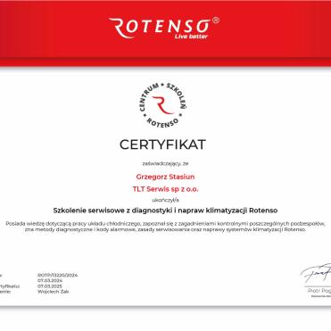 Certyfikat  Rotenso  instalator - TLT Serwis