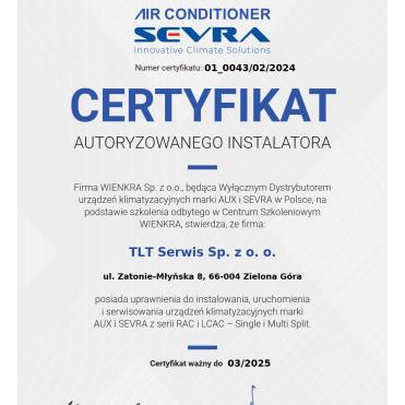 Certyfikat UAX SEVRA   instalator - TLT Serwis