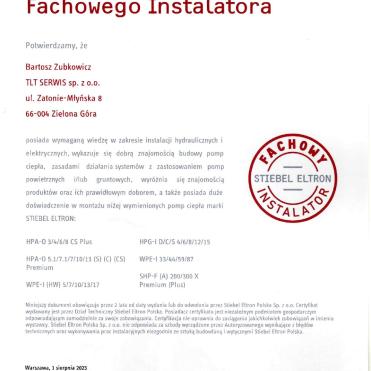 Certyfikat Fachowego Instalatora Stiebel Eltron – TLT Serwis