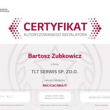 Certyfikat LG Autoryzowany instalator - TLT Serwis