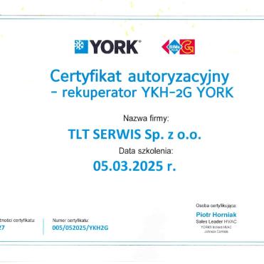 Certyfikat autoryzacyjny YORK rekuperator YKH-2G – TLT Serwis